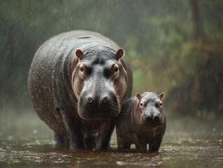 hippopotamus and baby hippopotamus in the rain forest