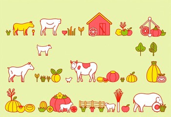 Obraz premium Editable line icons depicting farming, agriculture, farm animals, equipment, and produce Perfect for mobile apps and infographics, pig, corn