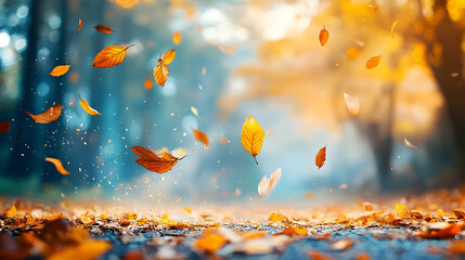 Autumn leaves falling in a gentle breeze.