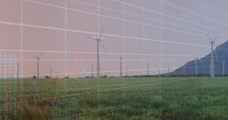Grid overlay sweeping across wind turbines, red data pulsing blue line rising showing energy output - Powered by Adobe