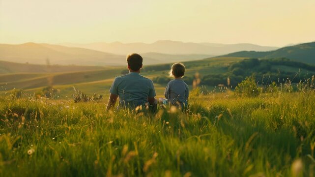 The outdoor green grass scene, father and child sitting back to back on the grass, parallel view, the distant horizon is grassland and mountains, Generative AI Videos. 
