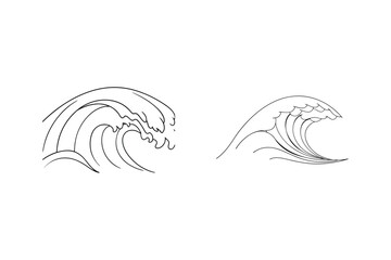 Simple black and white vector illustrations of rolling waves against a blank white background