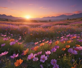 Obraz premium Sunrise over rolling cosmos, hues of purple and orange, art, countryside, sunrise