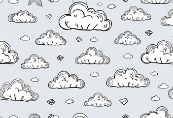 Fototapeta premium Elegant black & white doodle cloud seamless pattern Ideal for wedding, birthday, Mother's Day, autumn cards, art, cute