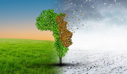 Seasons change from winter to spring with tree in shape of the continent of Africa. Global warming...