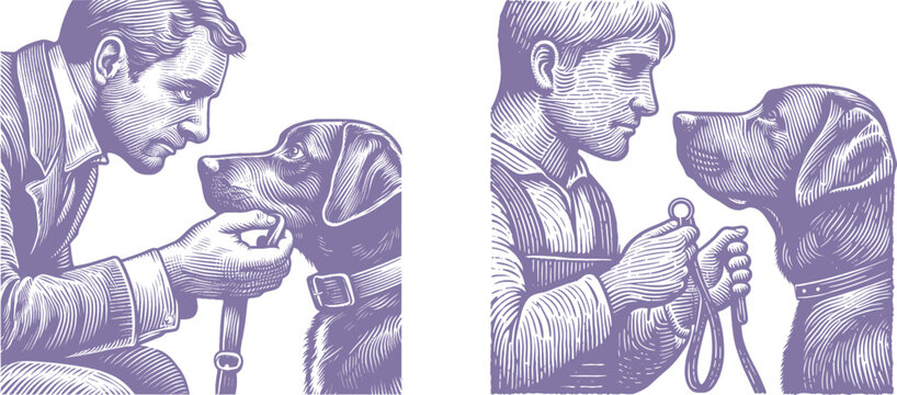 Vintage Woodcut Style Illustration of a Dog Trainer and Loyal Pet in Purple Tones – Emotional Eye Contact, Engraving Aesthetic, Animal Bond Concept Art