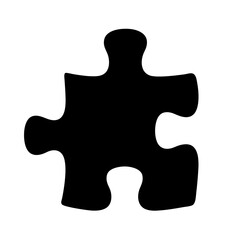 A singular black jigsaw puzzle piece stands alone on a white background