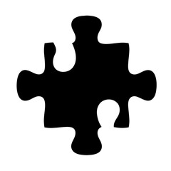 A single black jigsaw puzzle piece on a white background stands out