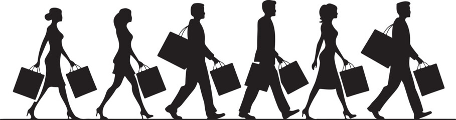 Silhouettes of Shoppers Walking with Shopping Bags