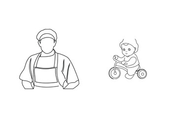 Line art illustration of chef with baby on tricycle for food and childhood concepts