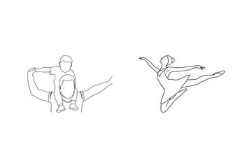 Father carrying a son on his shoulders and graceful ballerina line art vector illustration.