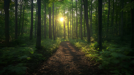 Fototapeta premium Sunlight filtering through a dense forest path.