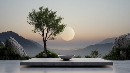 Tranquil mountain vista with minimalist stone platform and bowl