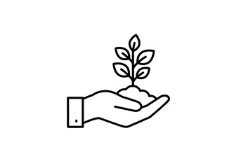 Line Icon of Hand Holding Plant Seedling Representing Sustainability and Environmental Care