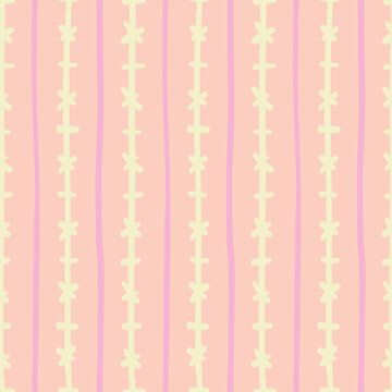 Crosses and stripes seamlessly pattern vector. Vertical doodle lines graphic illustration wrapper in yellow and pink over orange.