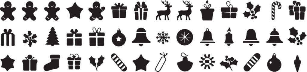 Collection of Black Christmas Icons on White Background
