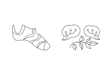 Minimalist black and white vector illustration of a shoe dialogue boxes and botanical elements