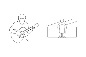 Minimalist line drawing of a guitar player and a person working at a desk