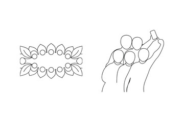 Line art illustration featuring people taking a selfie and a decorative floral frame on white