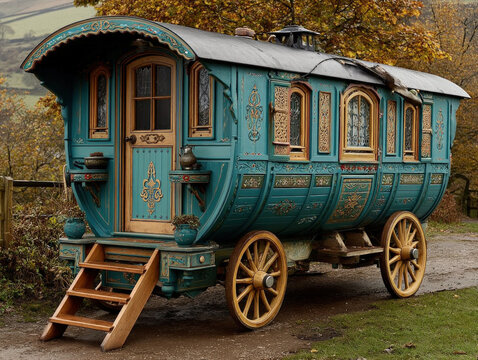 A beautifully crafted gypsy wagon with intricate designs