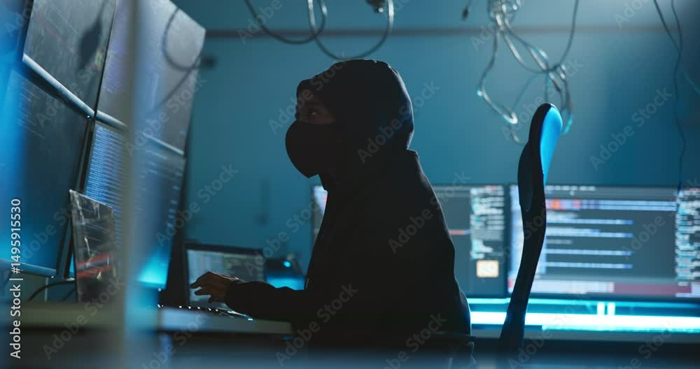 Poster Computer, hacking and person with programming at night in control center for password phishing. Ransomware, technology and coder on website server for crime with database cyber attack for encryption.