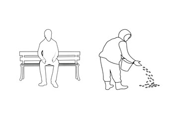 Simple monochrome illustration showing a person seated on a bench and another sowing seeds.