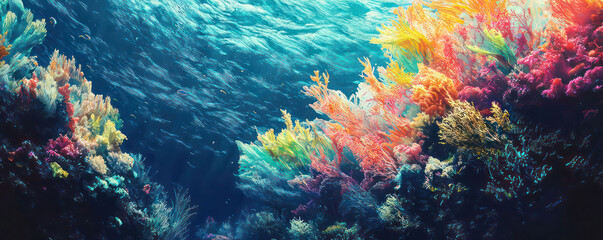 Whimsical underwater seascape, showcasing vibrant corals and algae swaying in the ocean currents