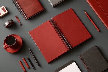 Stylish Flat Lay of Red Stationery, Planners, and Coffee Cup