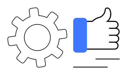 Gear and thumbs-up hand symbolizing teamwork and productivity. Ideal for success, cooperation, efficiency, approval, work process, improvement, progress, flat simple metaphor