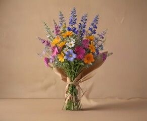 Obraz premium Spring bouquet of wildflowers on kraft paper backdrop , spring, natural, wildflowers