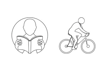 Outlined illustrations of reading and cycling depicting recreation and leisure activities