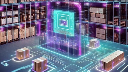 A futuristic warehouse with cardboard boxes and a hightech digital interface on the floor enhancing operations - Powered by Adobe