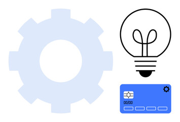 Gear, lightbulb, and credit card symbolizing creativity, technology, and financial solutions. Ideal for innovation, productivity, automation fintech problem-solving technology teamwork. Flat