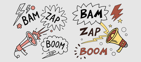 Comic boom cartoon effect line element set. Comic speech bubble pow, boom text, explosive splash smoke, wow cartoon vector icon. Hand drawn sketch doodle explosive element. Vector illustration. EPS