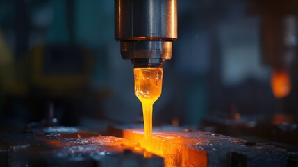 Molten metal pouring from industrial forging press under extreme heat in factory workshop with glowing orange light and steel reflections