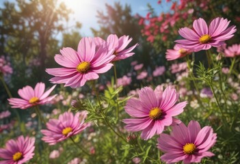 Fototapeta premium Pink cosmos blossoms in vibrant garden, sunlight dappled petals , fresh, closeup, bright