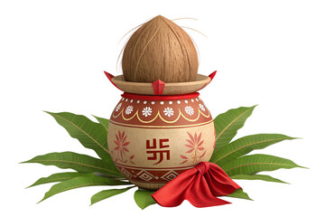 traditional durga puja kalash with coconut and leaves in png
