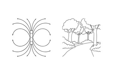 Illustrations of physics concept with magnetic field and a scenic forest path drawing