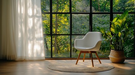 Tranquil room with large window overlooking a garden