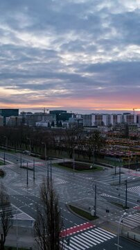 Sunset Over Warsaw Cityscape - Tram Depot Traffic Flow Timelapse