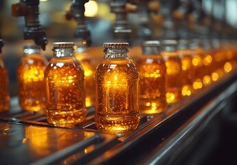 Bottled beverage production line with amber liquid and metallic