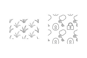 Two seamless line art patterns with abstract grass and security key lock elements