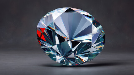 Fototapeta premium A brilliantly cut and polished diamond reflects light in its many facets, showcasing its exquisite beauty and value against a dark background in studio shot.