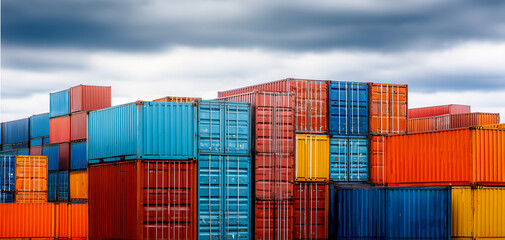 Fototapeta premium Economics and trade theme - foreground stacked containers with defocused port cranes behind