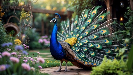 Obraz premium A dazzling peacock displays its colors in nature