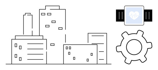 Minimalist cityscape with smartwatch and cogwheel symbolizing urban innovation, health tech, and advanced systems. Ideal for technology, automation, wellness, innovation, urban planning, IoT