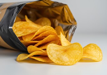 Potato chips spilling from a bag isolated on white background