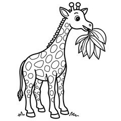 Naklejka premium Giraffe enjoying leaves in a coloring page illustration. Hand Drawn black and white sketch.