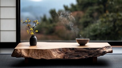 Tranquil tea ceremony scene with nature view