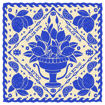 Italy lemon bandana Sicily print hand drawn summer Amalfi square handkerchief blue retro design. Traditional ornamental dolce vita mediterranean fabric fashion floral tile. Italy bandana fruit pattern